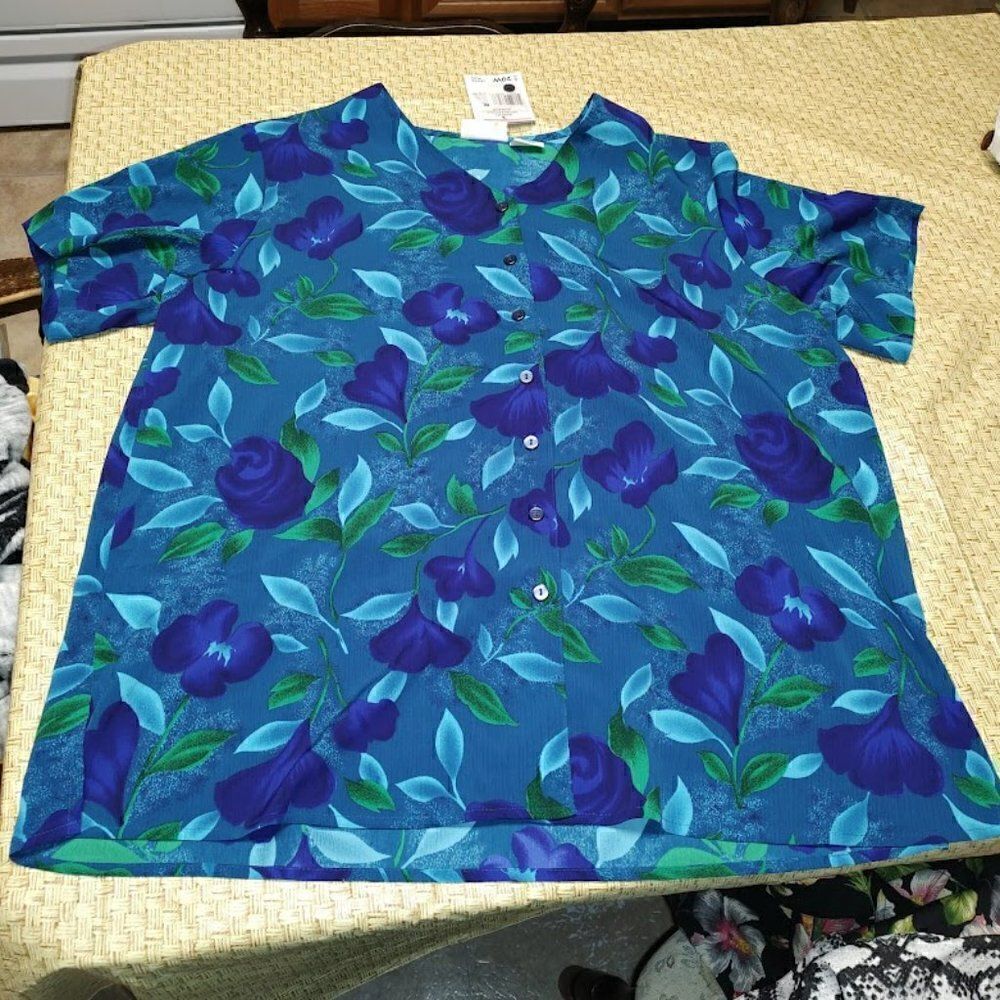 New Jaclyn Smith Blue Dark Purple Flowered Button Down Shirt Size Women's 20W
